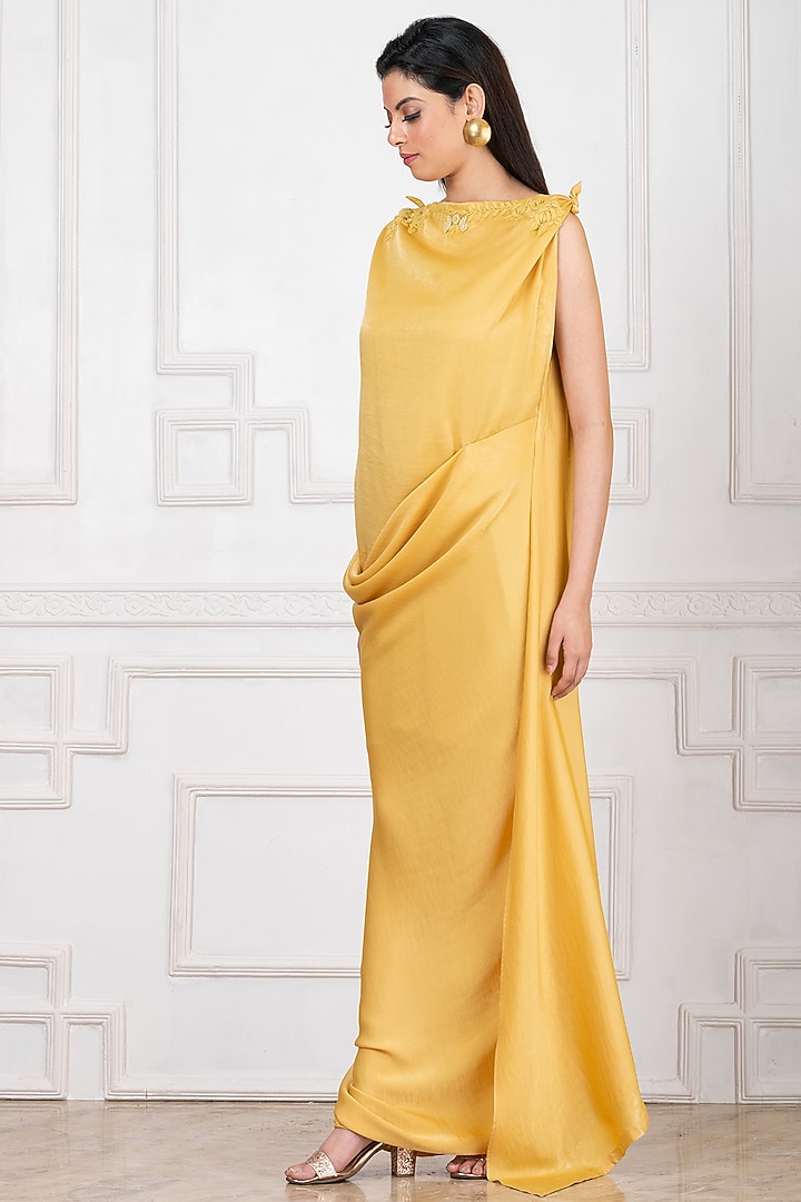 Yellow Sandwash Satin Thread Embroidered Draped Party Wear Gown by Megha Garg at Pernia's Pop Up Shop