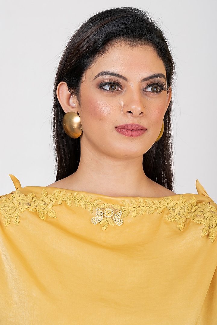 Yellow Sandwash Satin Thread Embroidered Draped Party Wear Gown by Megha Garg at Pernia's Pop Up Shop