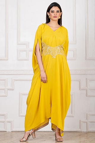 Yellow Pure Crepe Patchwork Embroidered Draped Kaftan Jumpsuit by Megha Garg
