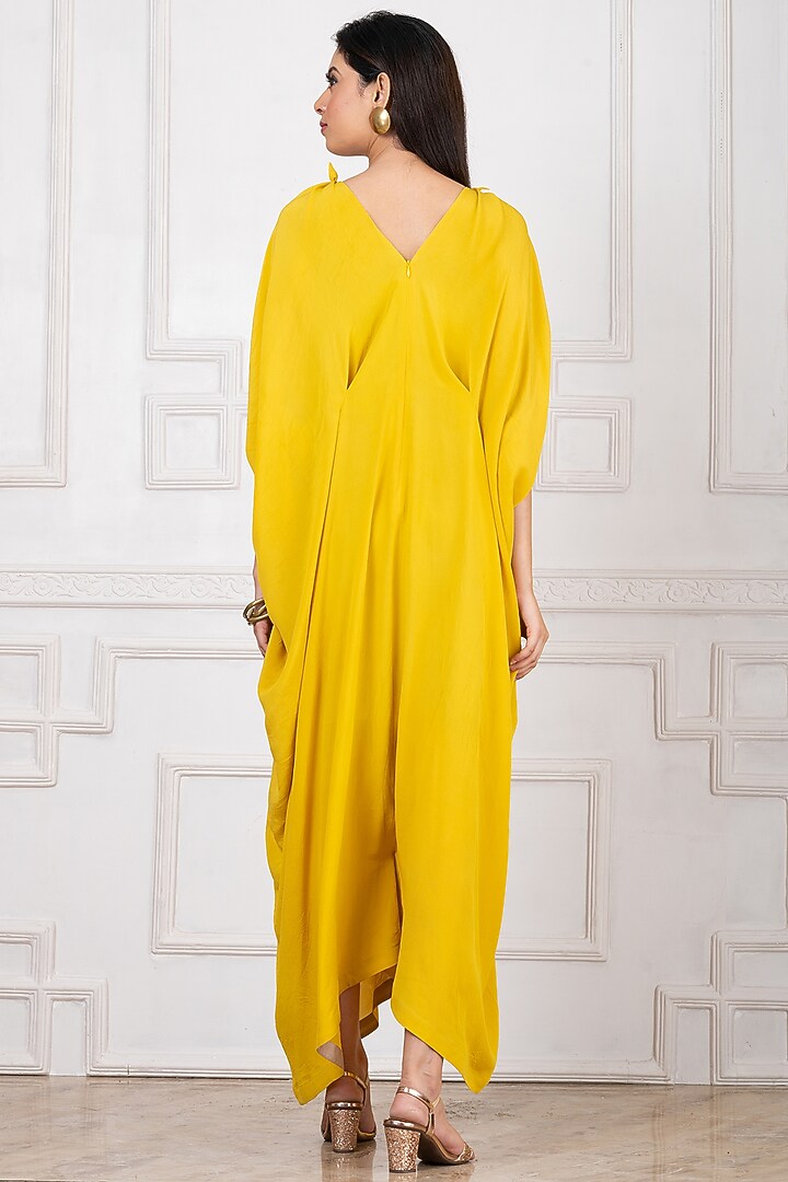 Yellow Pure Crepe Patchwork Embroidered Draped Kaftan Jumpsuit by Megha Garg at Pernia's Pop Up Shop