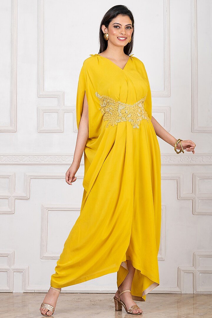 Yellow Pure Crepe Patchwork Embroidered Draped Kaftan Jumpsuit by Megha Garg at Pernia's Pop Up Shop