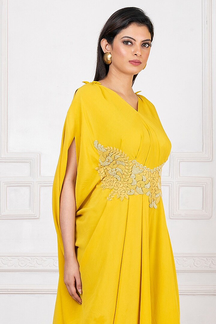 Yellow Pure Crepe Patchwork Embroidered Draped Kaftan Jumpsuit by Megha Garg at Pernia's Pop Up Shop