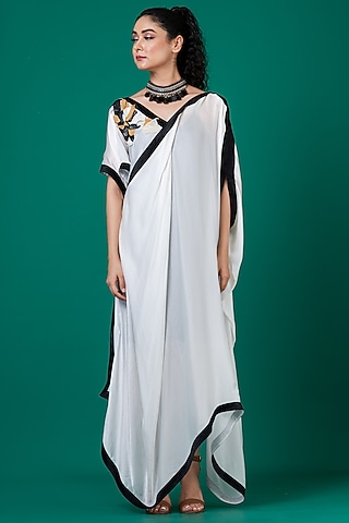 White Art Satin Georgette Patchwork Hand Embroidered Draped Dress by Megha Garg