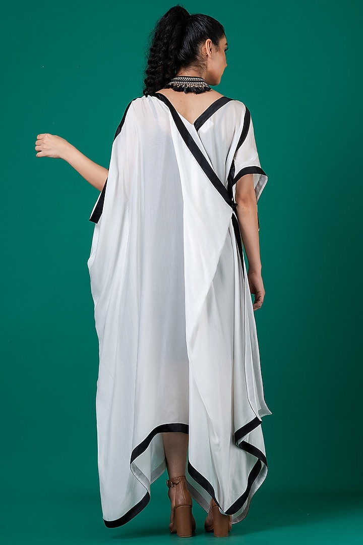 White Art Satin Georgette Patchwork Hand Embroidered Draped Summer Dress by Megha Garg at Pernia's Pop Up Shop