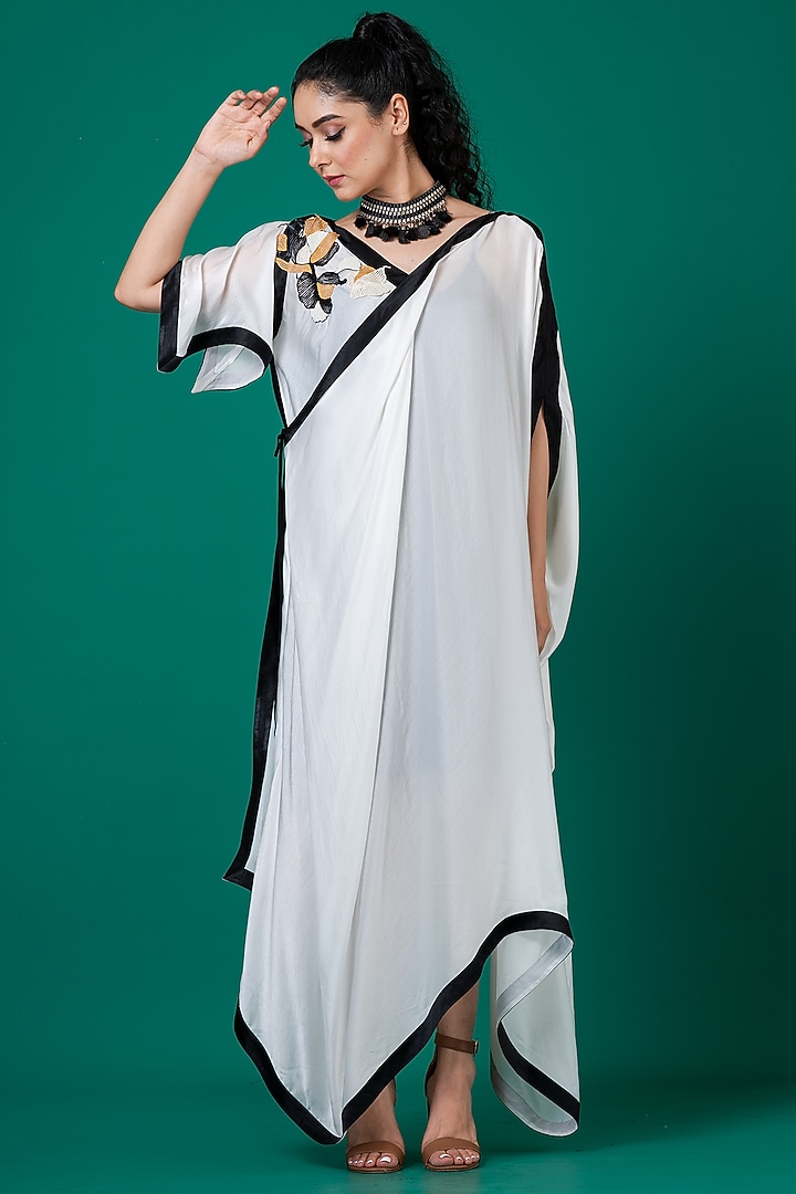 White Art Satin Georgette Patchwork Hand Embroidered Draped Summer Dress by Megha Garg at Pernia's Pop Up Shop