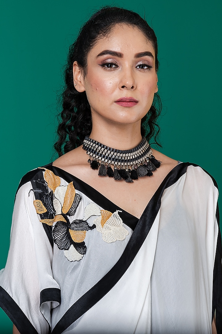 White Art Satin Georgette Patchwork Hand Embroidered Draped Summer Dress by Megha Garg at Pernia's Pop Up Shop