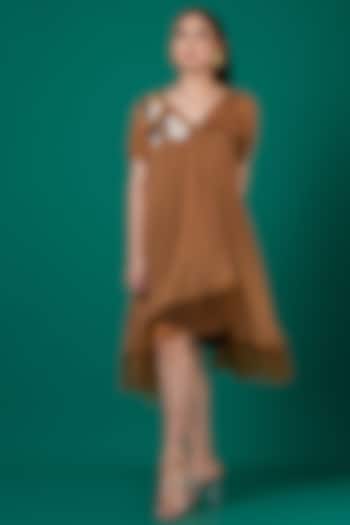 Brown Flat Chiffon Patchwork Hand Embroidered Draped Summer Dress by Megha Garg at Pernia's Pop Up Shop