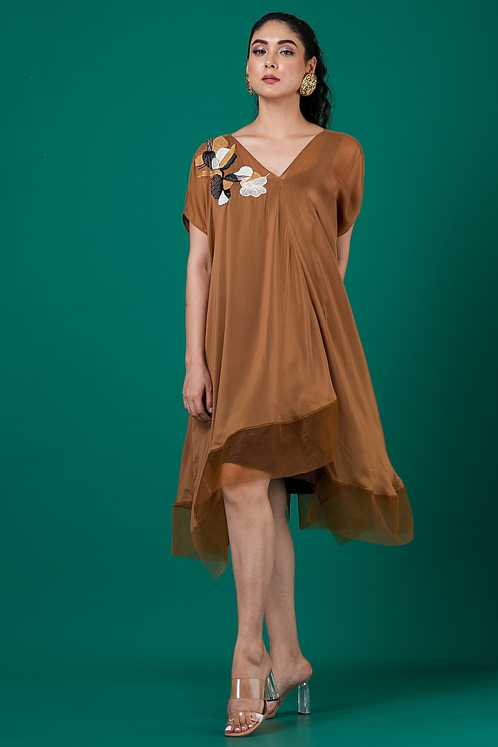 Brown Flat Chiffon Patchwork Hand Embroidered Draped Dress by Megha Garg