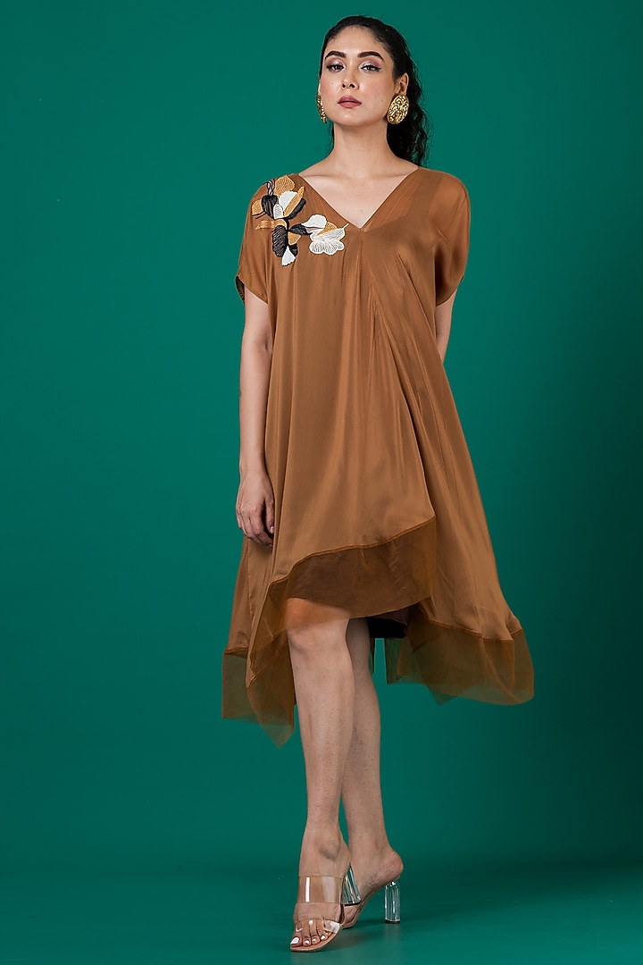 Brown Flat Chiffon Patchwork Hand Embroidered Draped Summer Dress by Megha Garg at Pernia's Pop Up Shop