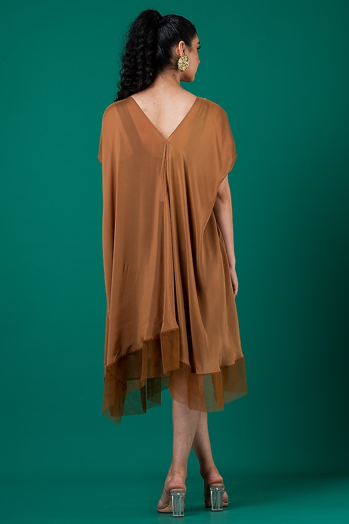 Brown Flat Chiffon Patchwork Hand Embroidered Draped Summer Dress by Megha Garg at Pernia's Pop Up Shop