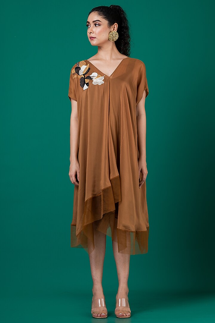 Brown Flat Chiffon Patchwork Hand Embroidered Draped Summer Dress by Megha Garg at Pernia's Pop Up Shop