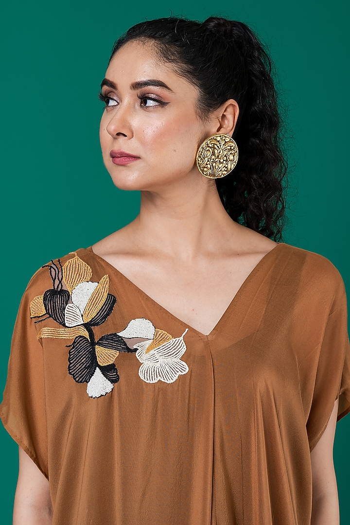 Brown Flat Chiffon Patchwork Hand Embroidered Draped Summer Dress by Megha Garg at Pernia's Pop Up Shop