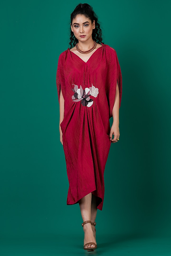 Red Pleated Satin Embroidered Draped Dress by Megha Garg