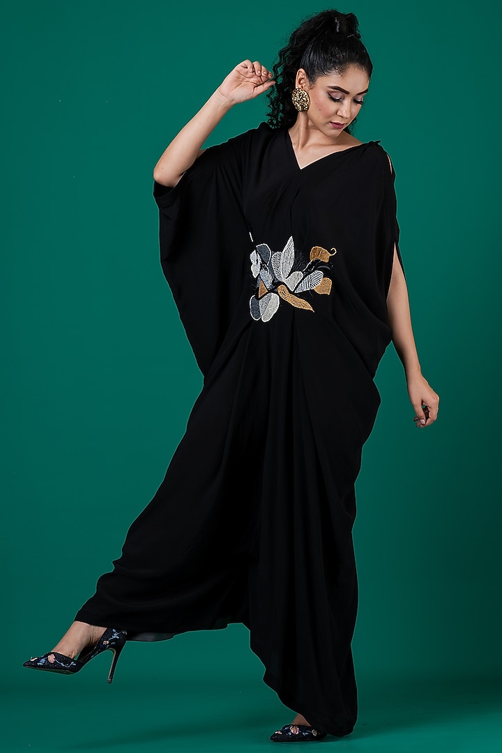 Black Pure Crepe Patchwork Embroidered Draped Kaftan Jumpsuit by Megha Garg at Pernia's Pop Up Shop