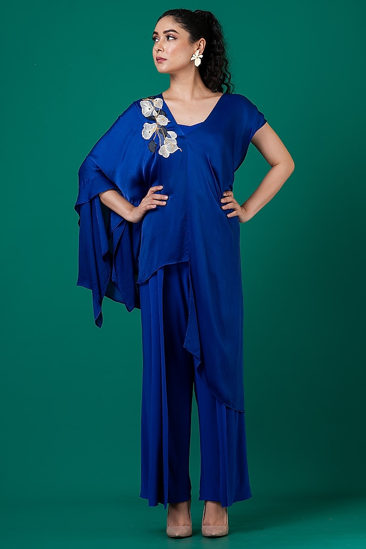 Blue Art Crepe & Lycra Patchwork Embroidered Co-Ord Set by Megha Garg at Pernia's Pop Up Shop