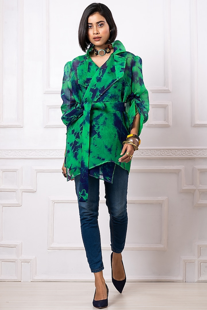 Green & Blue Organza Printed Jacket by Megha Garg at Pernia's Pop Up Shop
