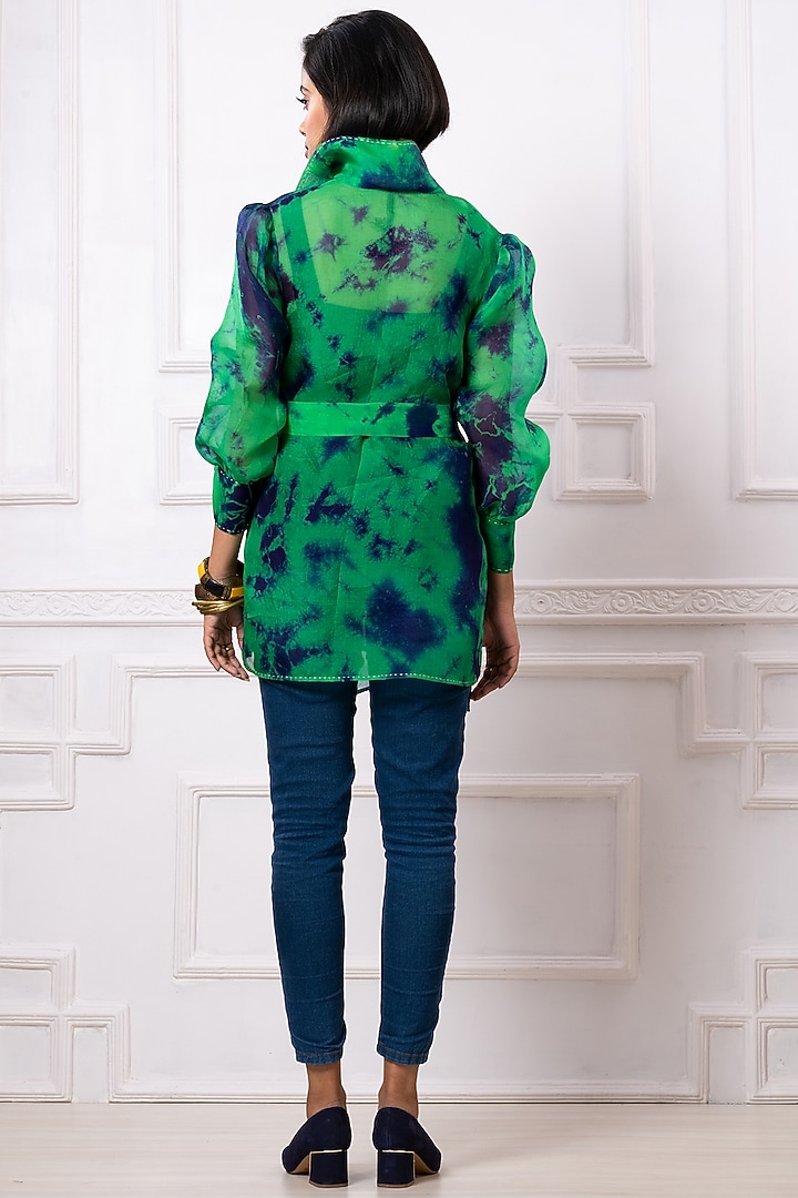 Green & Blue Organza Printed Jacket by Megha Garg at Pernia's Pop Up Shop
