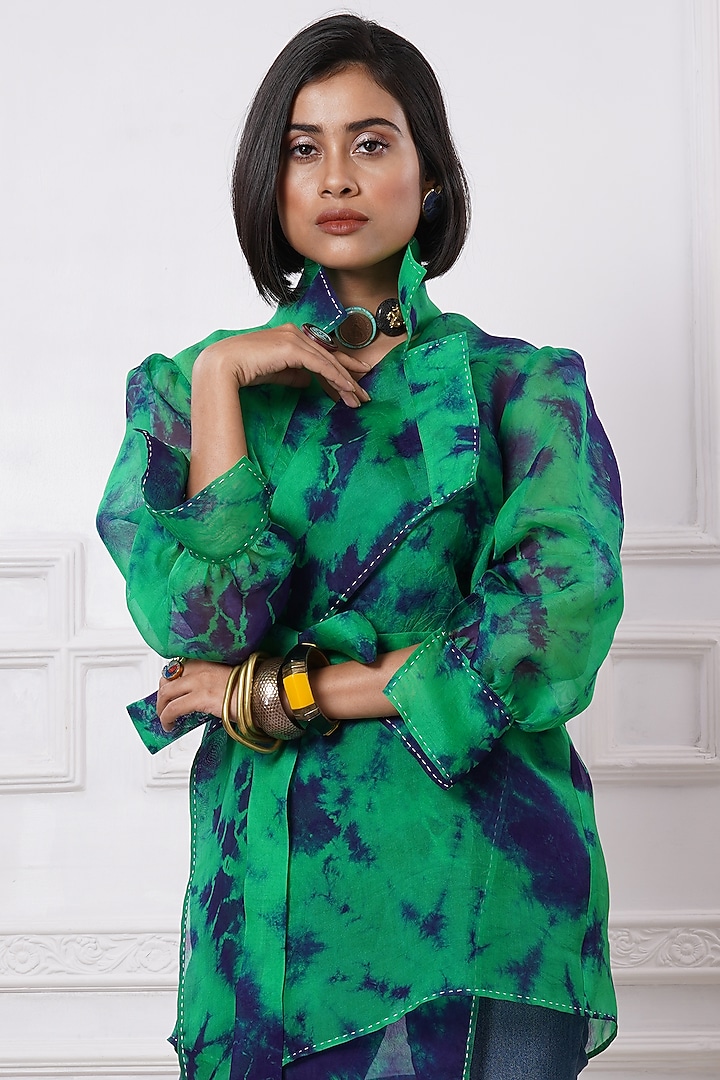 Green & Blue Organza Printed Jacket by Megha Garg at Pernia's Pop Up Shop