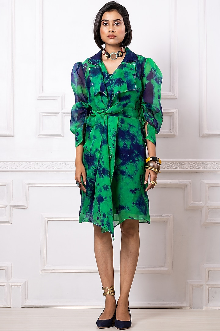 Green & Blue Organza Printed Jacket Dress by Megha Garg
