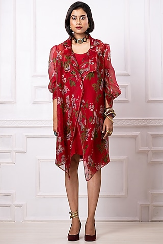 Red Organza Floral Printed Jacket Dress by Megha Garg