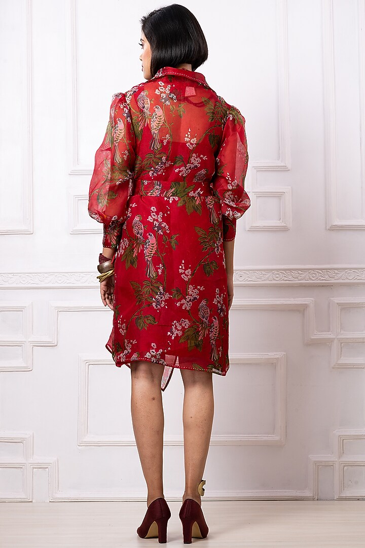 Red Organza Floral Printed Jacket Summer Dress by Megha Garg at Pernia's Pop Up Shop