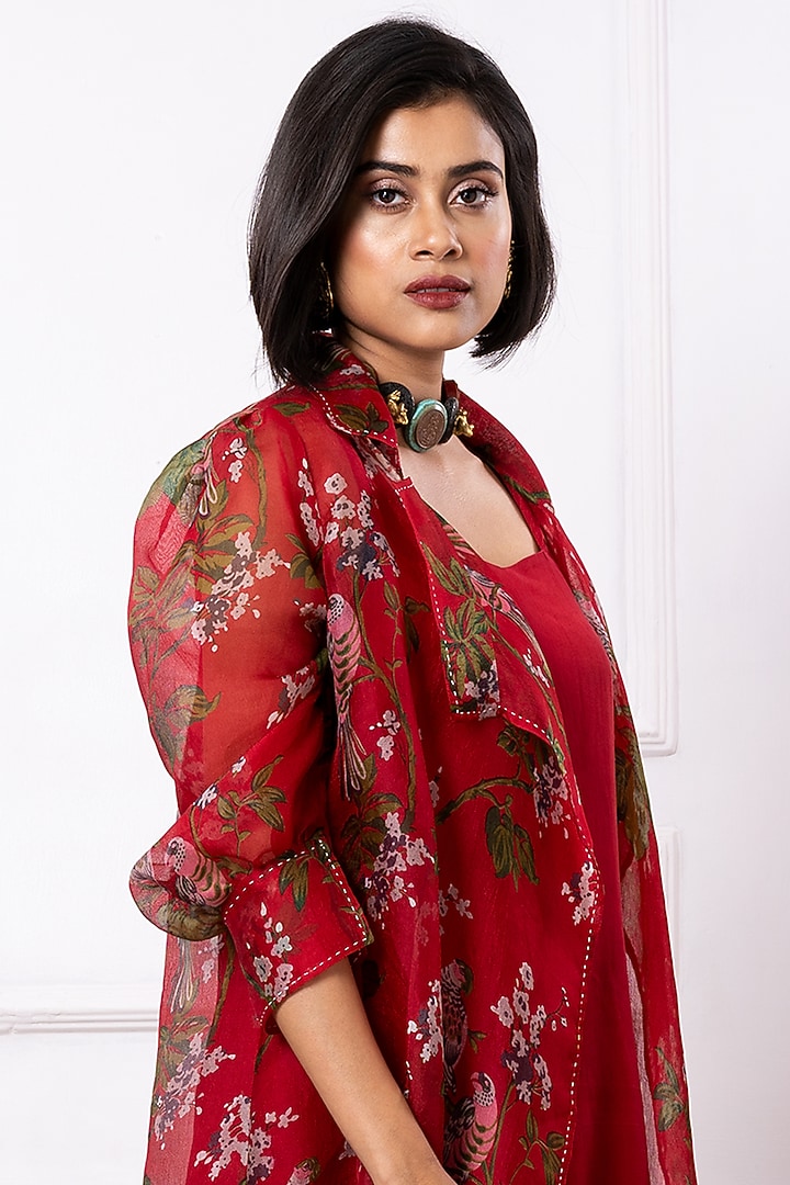Red Organza Floral Printed Jacket Summer Dress by Megha Garg at Pernia's Pop Up Shop