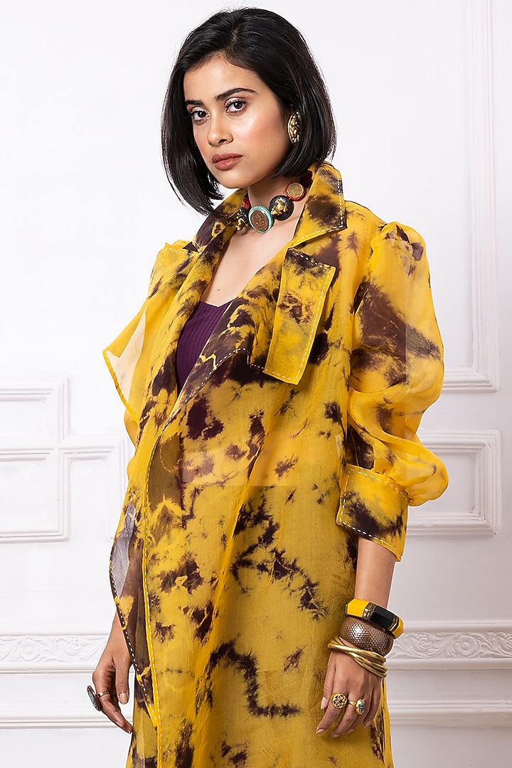 Yellow & Brown Organza Printed Jacket Set by Megha Garg at Pernia's Pop Up Shop