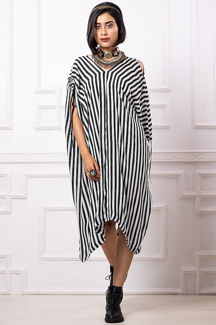 Black & White Art Crepe Striped Draped Kaftan Dress by Megha Garg