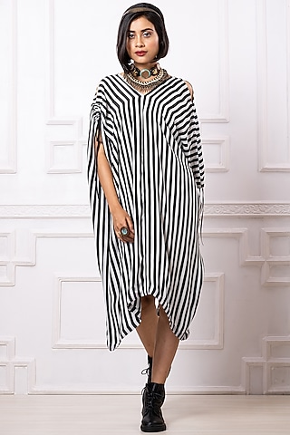 Black & White Art Crepe Striped Draped Kaftan Dress by Megha Garg