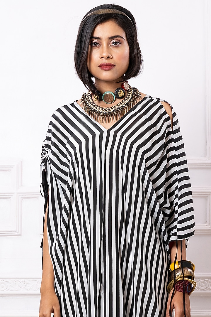 Black & White Art Crepe Striped Draped Kaftan Dress by Megha Garg at Pernia's Pop Up Shop
