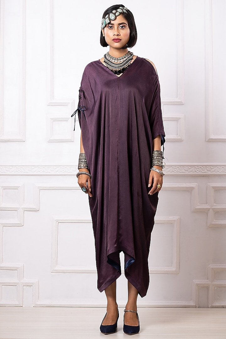 Purple Art Satin Georgette Draped Kaftan Dress by Megha Garg