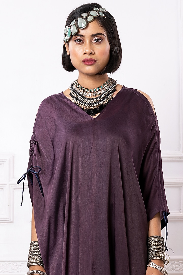 Purple Art Satin Georgette Draped Kaftan Dress by Megha Garg at Pernia's Pop Up Shop