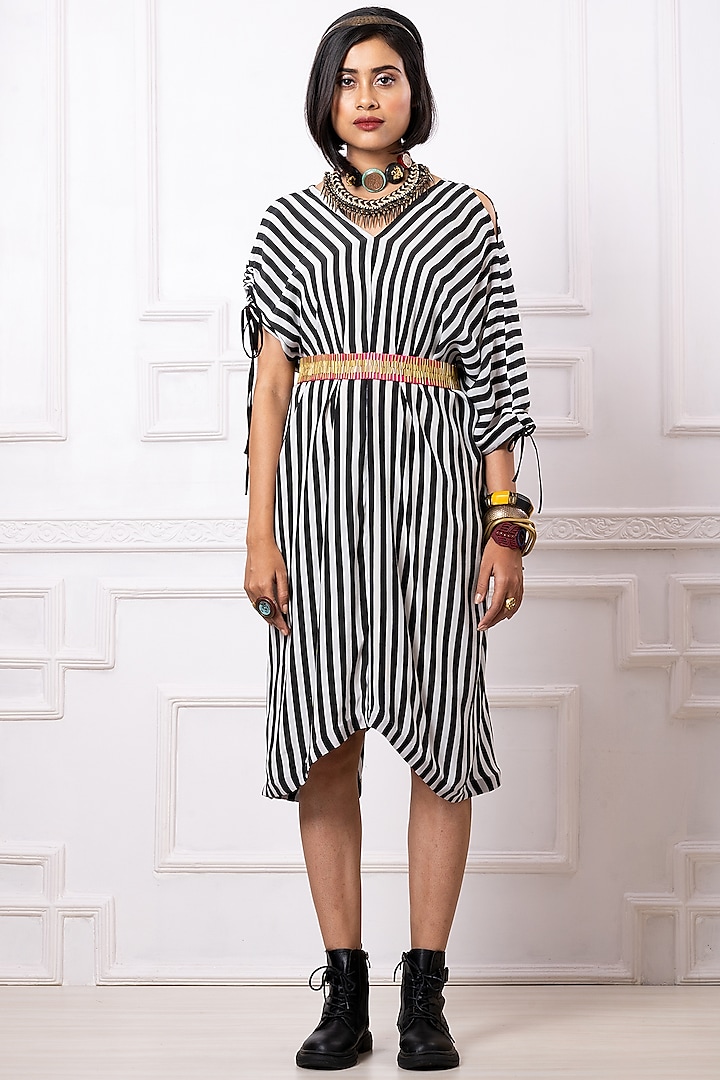 Black & White Art Crepe Striped Draped Dress by Megha Garg