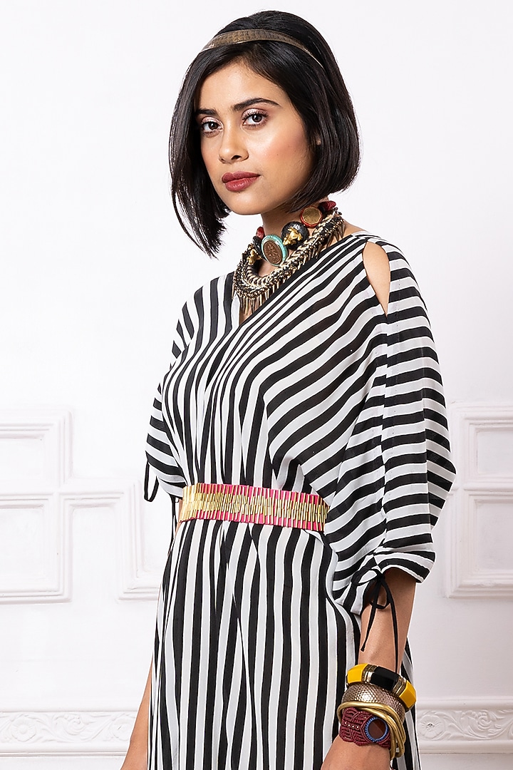 Black & White Art Crepe Striped Draped Summer Dress by Megha Garg at Pernia's Pop Up Shop