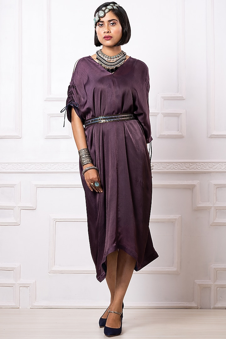 Purple Art Satin Georgette Draped Dress by Megha Garg