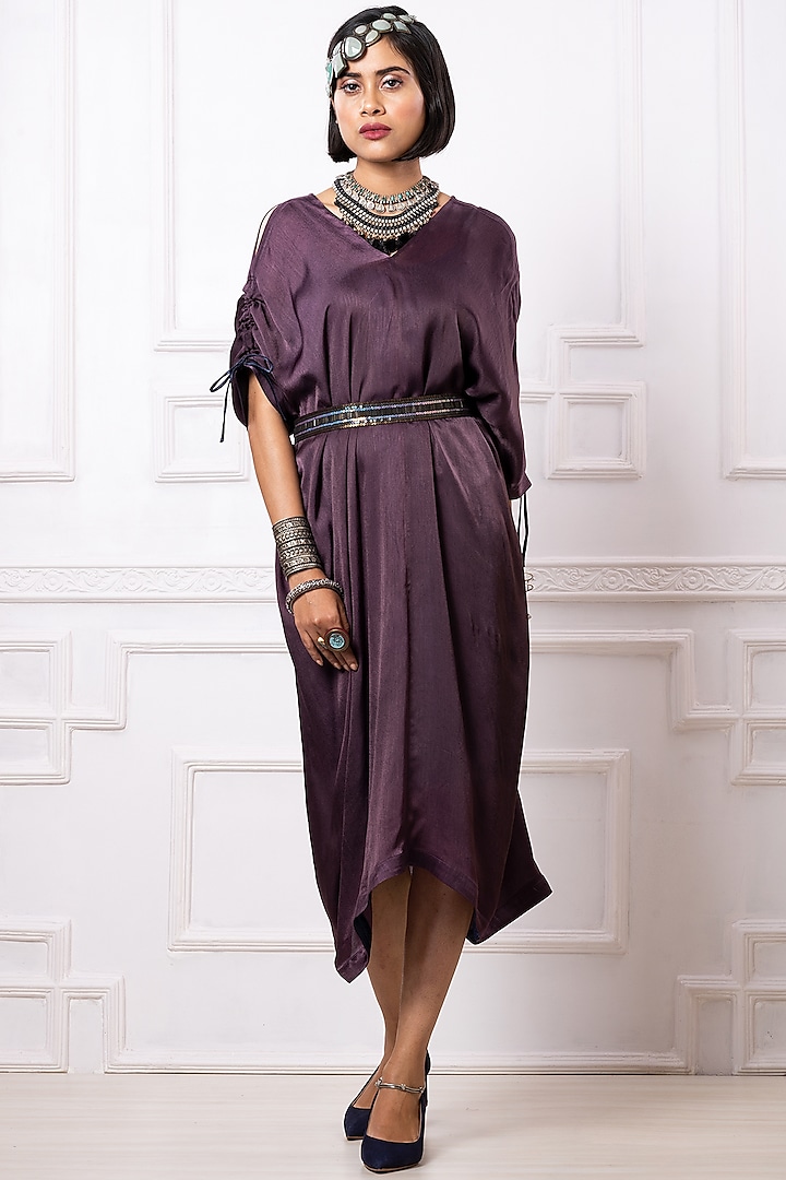 Purple Art Satin Georgette Draped Dress by Megha Garg at Pernia's Pop Up Shop