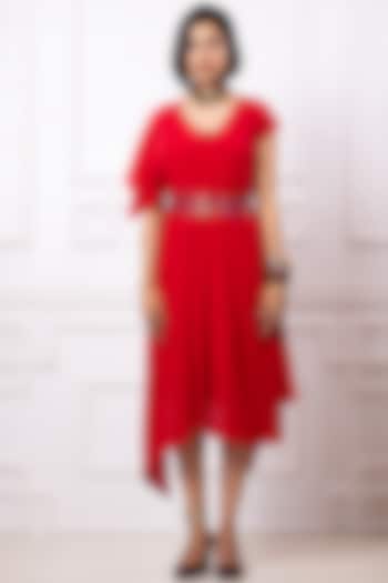Red Pure Crepe Asymmetric Dress by Megha Garg