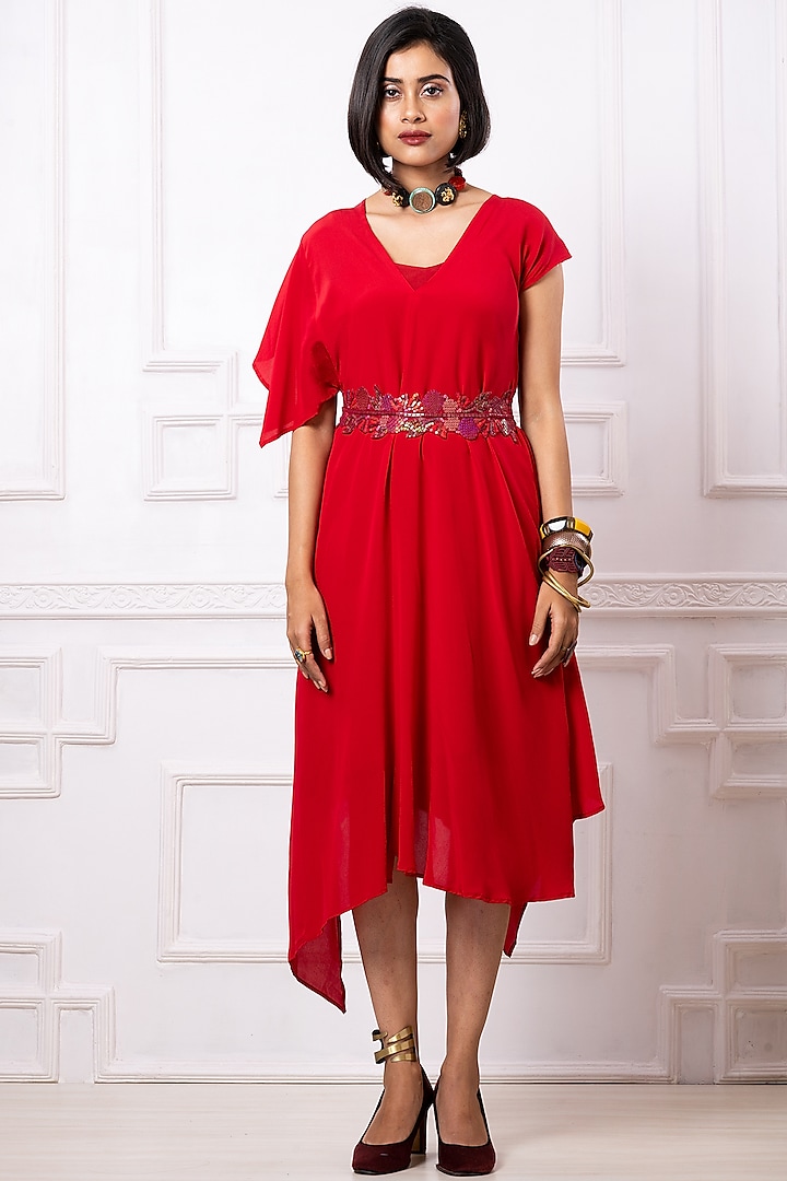 Red Pure Crepe Asymmetric Dress by Megha Garg