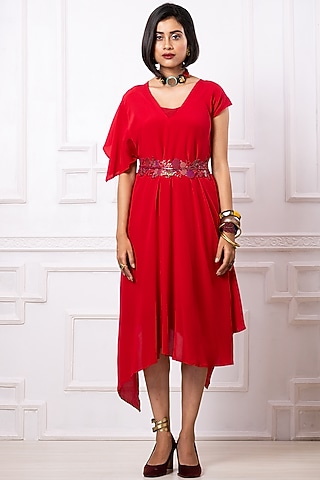Red Pure Crepe Asymmetric Dress by Megha Garg