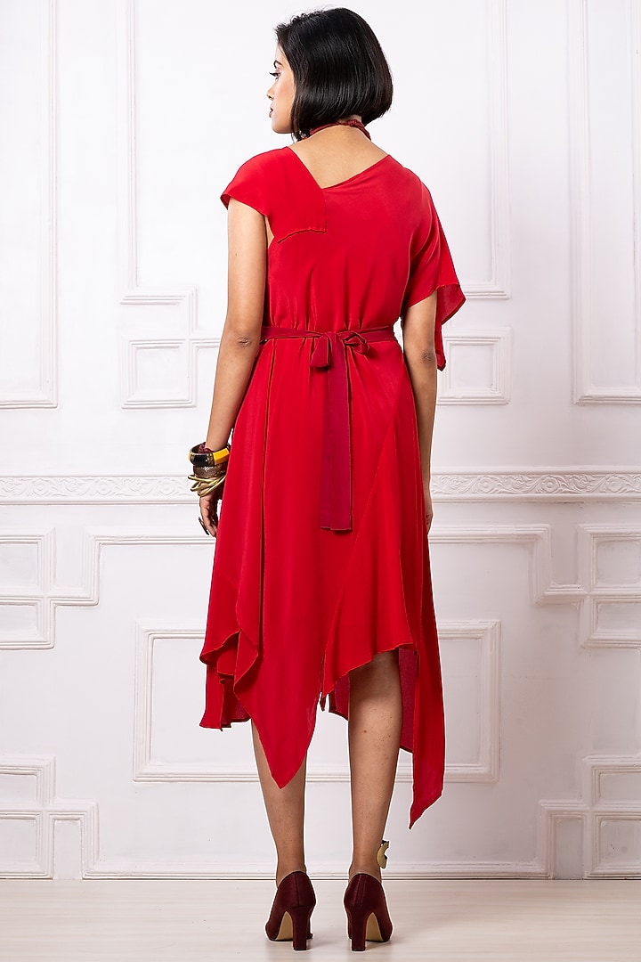 Red Pure Crepe Asymmetric Summer Dress by Megha Garg at Pernia's Pop Up Shop