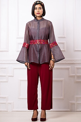 Grey Organza Embroidered Jacket Set by Megha Garg
