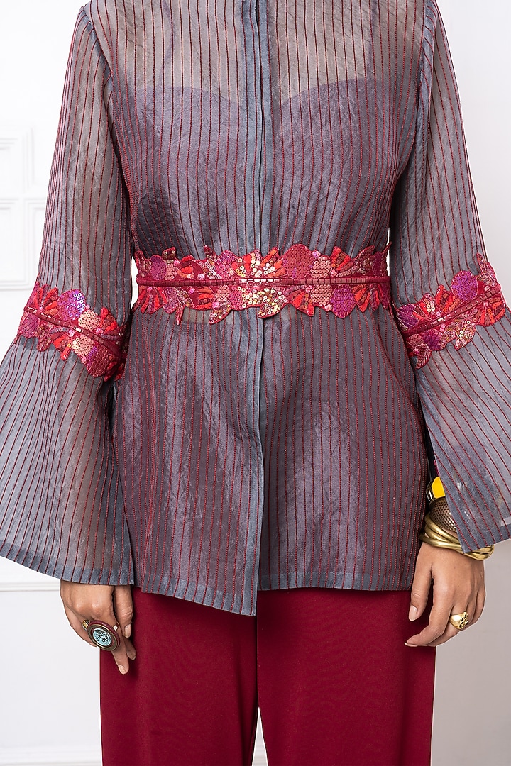 Grey Organza Embroidered Jacket Set by Megha Garg at Pernia's Pop Up Shop