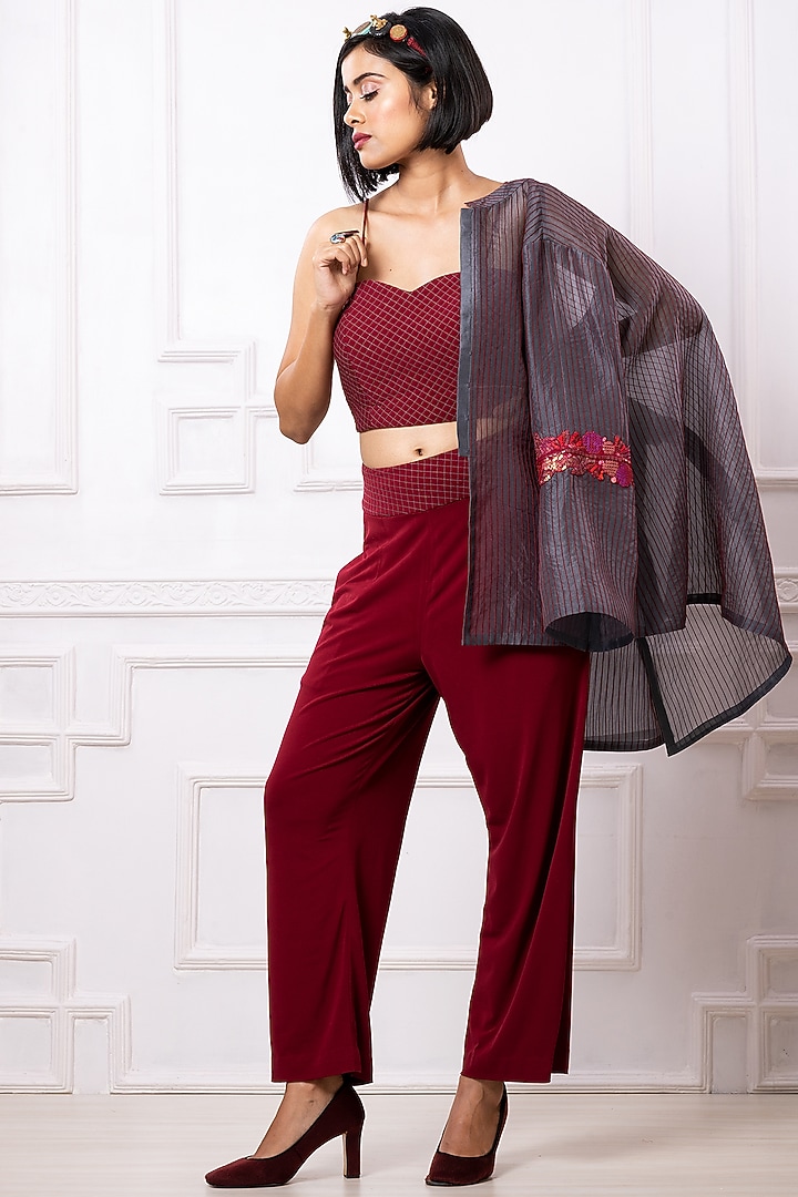 Grey Organza Embroidered Jacket Set by Megha Garg at Pernia's Pop Up Shop