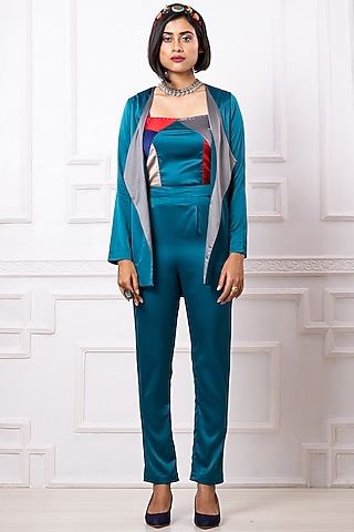 Teal Satin Jacket Set by Megha Garg