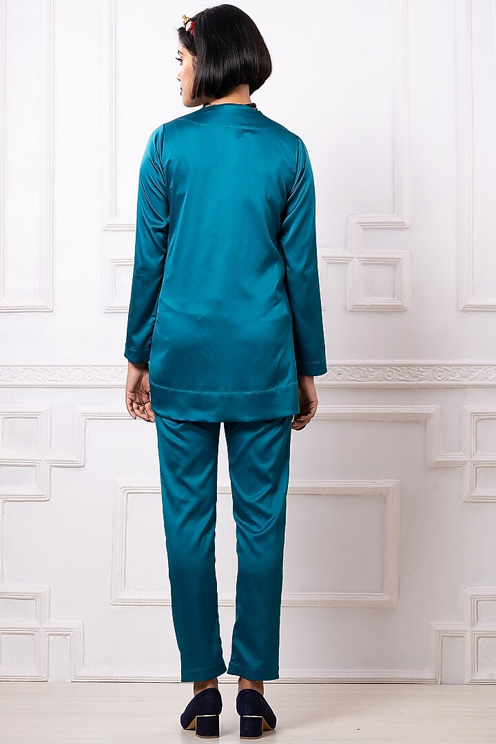 Teal Satin Jacket Set by Megha Garg at Pernia's Pop Up Shop