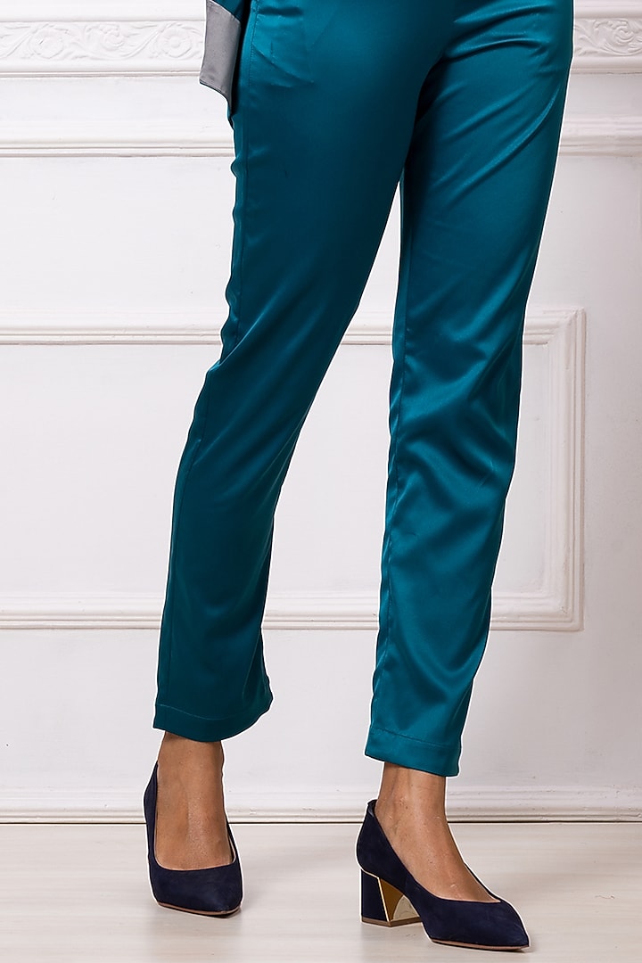 Teal Satin Jacket Set by Megha Garg at Pernia's Pop Up Shop