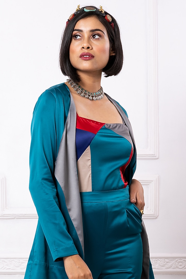 Teal Satin Jacket Set by Megha Garg at Pernia's Pop Up Shop