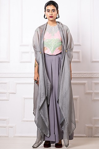 Grey Pure Crepe & Organza Cepe Set by Megha Garg