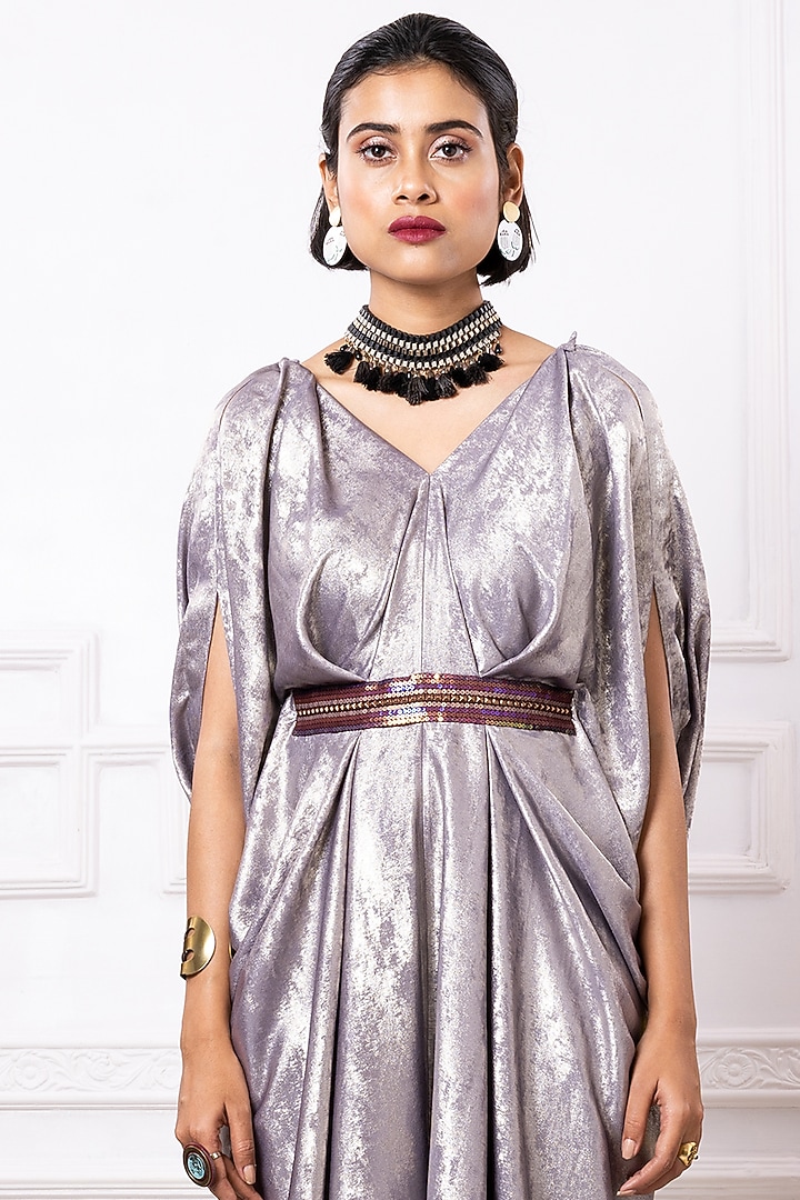 Grey Foil Printed Kaftan Jumpsuit by Megha Garg at Pernia's Pop Up Shop