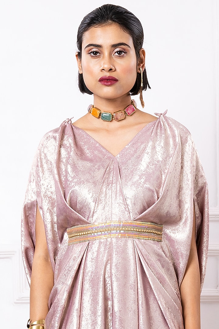 Peach Foil Printed Kaftan Jumpsuit by Megha Garg at Pernia's Pop Up Shop